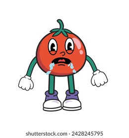 Funky Tomato caricatura mascota personaje, hambriento, sediento o emocionado expresión. Tomate con guante y zapatos Groovy personaje de dibujos animados retro para el icono, mascota, logotipo, etiqueta, cartel, clipart, etiqueta engomada