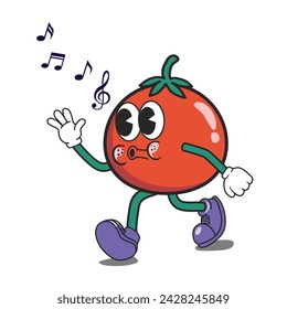 Funky Tomato cartoon mascot character, walking and singing with happy expression. Tomato wearing glove and shoes Groovy Retro cartoon character for icon, mascot, logo, label, poster, clipart, sticker