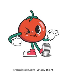 Funky Tomato cartoon mascot character winking eye expression, giving thumb up, OK. Tomato wearing glove and shoes Groovy Retro cartoon character for icon, mascot, logo, label, poster, clipart, sticker