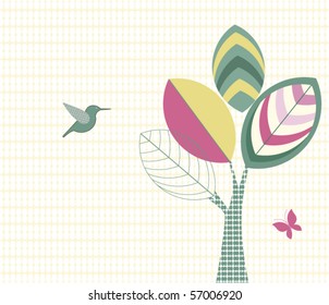 Funky tree bird pattern butterfly