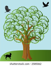 Funkelbaum mit Vögeln und Katzen