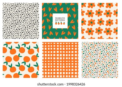 Funky, trendy seamless patterns set with flowers, peaches, crumbs, hearts in simple flat style. For kid’s clothes, fashion fabrics, home decor, backgrounds, cards and templates, scrapbooking etc