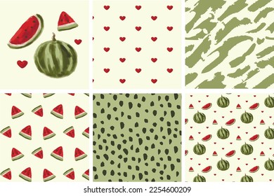 Patrones divertidos y modernos sin fisuras con sandías, migajas, corazones, líneas.  Para ropa de bebé, telas de moda, decoración casera, fondos, tarjetas, patrones, scrapbooking.