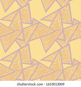 Funky triangle dotted ornament on yellow backdrop. Violet line triangular seamless pattern for wallpaper, invitation card, scrapbook, bath tile, book cover, bag, hoody print. Stock vector illustration