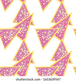 Funky triangle dotted ornament on white backdrop. Yellow line triangular seamless pattern for wallpaper, invitation card, bed linen, bath tile, book cover, bag, hoody print. Stock vector illustration