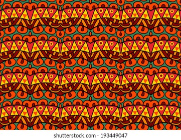 Funky tribal pattern. Seamless geometric ethnic pattern. Abstract tribal pattern in vivid contrast colors. Fancy multicolored background ornament. Vector file is grouped EPS8. Easy to recolor. 
