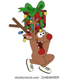 Funky trippy Reindeer with Christmas gift box. Vector Reindeer in garland isolated white background. Santa claus assistant template design. Ideal for xmas postcard crad poster t-shirt print.  EPS 10 