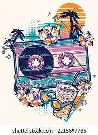 Funky tropical disco music design - audiocassete, drink, sunglasses and palms with flowers on sunset 