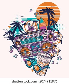 Funky tropical music design - boombox, drink, sunglasses and palms with flowers on sunset 