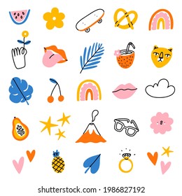 Funky tropical summer vector illustrations clip art, set of 20 icons, isolated on white background