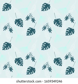 Funky Tropical Vector Seamless Pattern. Monstera Feather Dandelion Banana Leaves Tropical Seamless Pattern. Beautiful Male Shirt Female Dress Texture. Drawn Floral Background. Nice Summer Textile.