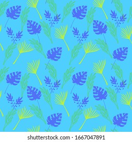 Funky Tropical Vector Seamless Pattern. Elegant Male Shirt Female Dress Texture. Doodle Floral Background. Dandelion Feather Monstera Banana Leaves Tropical Seamless Pattern. Fine Summer Fabrics.