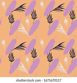 Funky Tropical Vector Seamless Pattern. Painted Floral Background. Fine Summer Fashion. Elegant Male Shirt Female Dress Texture. Dandelion Feather Banana Leaves Monstera Tropical Seamless Pattern.