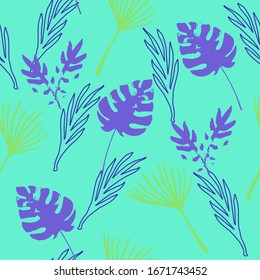 Funky Tropical Vector Seamless Pattern. Banana Leaves Monstera Dandelion Feather Tropical Seamless Pattern. Fine Summer Fabrics. Beautiful Male Shirt Female Dress Texture. Painted Floral Background.