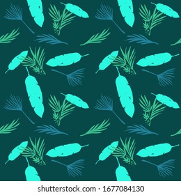 Funky Tropical Vector Seamless Pattern. Fine Summer Fabrics. Beautiful Male Shirt Female Dress Texture. Doodle Floral Background. Feather Banana Leaves Dandelion Monstera Tropical Seamless Pattern.