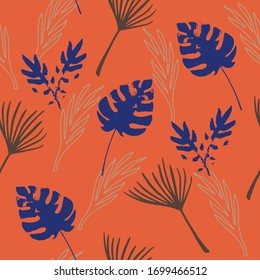 Funky Tropical Vector Seamless Pattern. Fine Summer Fabrics. Drawn Floral Background. Elegant Male Shirt Female Dress Texture. Feather Monstera Banana Leaves Dandelion Tropical Seamless Pattern.