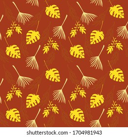 Funky Tropical Vector Seamless Pattern. Feather Dandelion Monstera Banana Leaves Tropical Seamless Pattern. Elegant Male Shirt Female Dress Texture. Cool Summer Fashion. Drawn Floral Background.