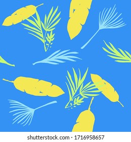 Funky Tropical Vector Seamless Pattern. Nice Summer Fashion. Painted Floral Background. Beautiful Male Shirt Female Dress Texture. Banana Leaves Dandelion Feather Monstera Tropical Seamless Pattern.
