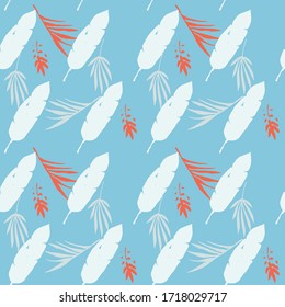 Funky Tropical Vector Seamless Pattern. Painted Floral Background. Beautiful Male Shirt Female Dress Texture. Nice Summer Fabrics. Feather Banana Leaves Monstera Dandelion Tropical Seamless Pattern.