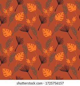 Funky Tropical Vector Seamless Pattern. Monstera Feather Dandelion Banana Leaves Tropical Seamless Pattern. Elegant Male Shirt Female Dress Texture. Fine Summer Fashion. Doodle Floral Background.