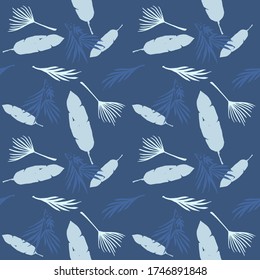 Funky Tropical Vector Seamless Pattern. Chic Summer Fabrics. Beautiful Male Shirt Female Dress Texture. Feather Banana Leaves Monstera Dandelion Tropical Seamless Pattern. Drawn Floral Background.