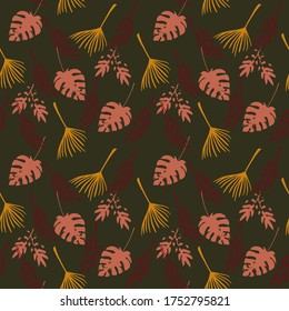 Funky Tropical Vector Seamless Pattern. Painted Floral Background. Monstera Banana Leaves Feather Dandelion Tropical Seamless Pattern. Beautiful Male Shirt Female Dress Texture. Fine Summer Textile.
