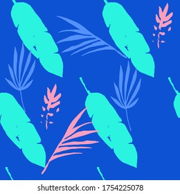 Funky Tropical Vector Seamless Pattern. Elegant Male Shirt Female Dress Texture. Fine Summer Fabrics. Monstera Dandelion Feather Banana Leaves Tropical Seamless Pattern. Painted Floral Background.