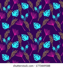 Funky Tropical Vector Seamless Pattern. Elegant Male Shirt Female Dress Texture. Drawn Floral Background. Banana Leaves Dandelion Monstera Feather Tropical Seamless Pattern. Fine Summer Fashion.