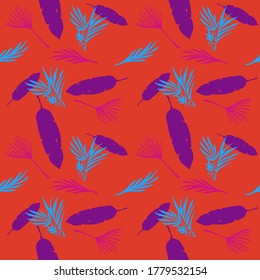 Funky Tropical Vector Seamless Pattern. Banana Leaves Feather Monstera Dandelion Tropical Seamless Pattern. Beautiful Male Shirt Female Dress Texture. Painted Floral Background. Cool Summer Fabrics.