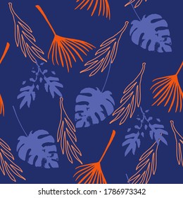 Funky Tropical Vector Seamless Pattern. Cool Summer Fabrics. Beautiful Male Shirt Female Dress Texture. Drawn Floral Background. Dandelion Monstera Banana Leaves Feather Tropical Seamless Pattern.