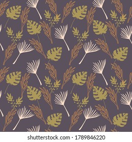 Funky Tropical Vector Seamless Pattern. Chic Summer Fashion. Dandelion Monstera Feather Banana Leaves Tropical Seamless Pattern. Painted Floral Background. Elegant Male Shirt Female Dress Texture.
