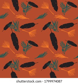 Funky Tropical Vector Seamless Pattern. Fine Summer Fashion. Feather Monstera Banana Leaves Dandelion Tropical Seamless Pattern. Beautiful Male Shirt Female Dress Texture. Drawn Floral Background.