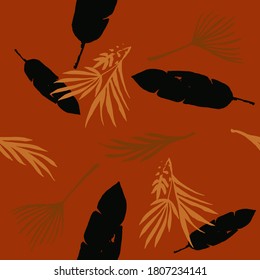 Funky Tropical Vector Seamless Pattern. Elegant Male Shirt Female Dress Texture. Drawn Floral Background. Chic Summer Fabrics. Feather Monstera Banana Leaves Dandelion Tropical Seamless Pattern.