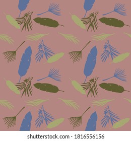 Funky Tropical Vector Seamless Pattern. Elegant Male Shirt Female Dress Texture. Feather Dandelion Monstera Banana Leaves Tropical Seamless Pattern. Fine Summer Fabrics. Doodle Floral Background.