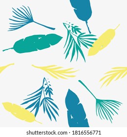 Funky Tropical Vector Seamless Pattern. Dandelion Monstera Banana Leaves Feather Tropical Seamless Pattern. Elegant Male Shirt Female Dress Texture. Painted Floral Background. Fine Summer Fabrics.