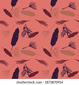 Funky Tropical Vector Seamless Pattern. Banana Leaves Feather Monstera Dandelion Tropical Seamless Pattern. Nice Summer Fashion. Elegant Male Shirt Female Dress Texture. Drawn Floral Background.