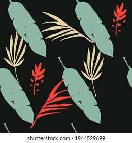 Funky Tropical Vector Seamless Pattern. Doodle Floral Background. Elegant Male Shirt Female Dress Texture. Chic Summer Fashion. Dandelion Monstera Banana Leaves Feather Tropical Seamless Pattern.