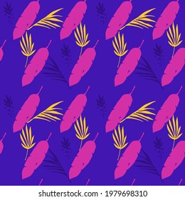 Funky Tropical Vector Seamless Pattern. Drawn Floral Background. Elegant Male Shirt Female Dress Texture. Monstera Dandelion Banana Leaves Feather Tropical Seamless Pattern. Cool Summer Fabrics.