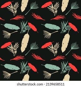 Funky Tropical Vector Seamless Pattern. Cool Summer Fabrics. Dandelion Monstera Feather Banana Leaves Tropical Seamless Pattern. Painted Floral Background. Elegant Male Shirt Female Dress Texture.