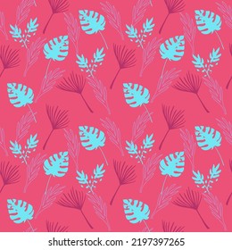 Funky Tropical Vector Seamless Pattern. Doodle Floral Background. Cool Summer Textile. Beautiful Male Shirt Female Dress Texture. Dandelion Monstera Feather Banana Leaves Tropical Seamless Pattern.