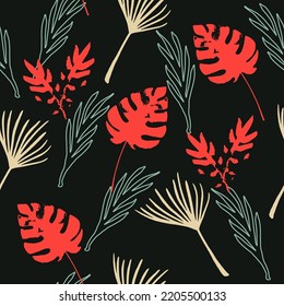 Funky Tropical Vector Seamless Pattern. Doodle Floral Background. Dandelion Banana Leaves Feather Monstera Tropical Seamless Pattern. Elegant Male Shirt Female Dress Texture. Cool Summer Textile.