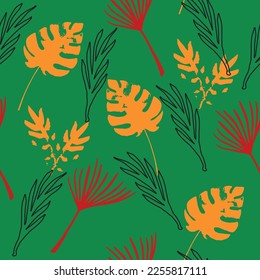 Funky Tropical Vector Seamless Pattern. Chic Summer Fashion. Elegant Male Shirt Female Dress Texture. Drawn Floral Background. Banana Leaves Monstera Dandelion Feather Tropical Seamless Pattern.