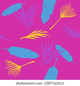 Funky Tropical Vector Seamless Pattern. Beautiful Male Shirt Female Dress Texture. Chic Summer Fabrics. Drawn Floral Background. Dandelion Banana Leaves Feather Monstera Tropical Seamless Pattern.