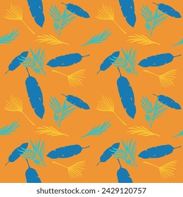 Funky Tropical Vector Patrón sin costuras. Bonito Textil de Verano. Elegante Camisa Masculina Vestido Femenino Textura. Hojas de plátano de diente de león Monstera Pluma Tropical Patrón sin costuras. Fondo Floral Pintado.