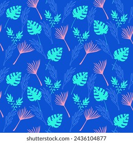 Funky Tropical Vector Seamless Pattern. Elegant Male Shirt Female Dress Texture. Monstera Dandelion Feather Banana Leaves Tropical Seamless Pattern. Painted Floral Background. Fine Summer Fashion.