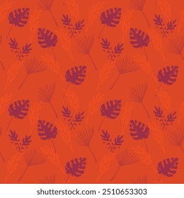 Funky Tropical Vector Seamless Pattern. Doodle Floral Background. Chic Summer Fabrics. Beautiful Male Shirt Female Dress Texture. Feather Dandelion Banana Leaves Monstera Tropical Seamless Pattern.