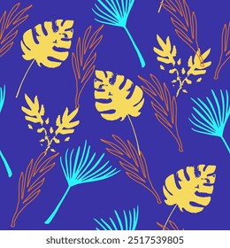 Funky Tropical Vector Seamless Pattern. Drawn Floral Background. Elegant Male Shirt Female Dress Texture. Fine Summer Fashion. Banana Leaves Monstera Dandelion Feather Tropical Seamless Pattern.
