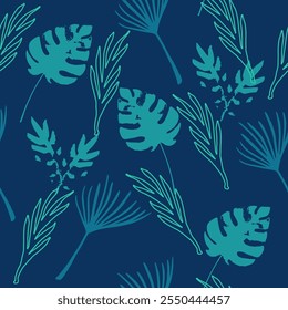 Funky Tropical Vector Seamless Pattern. Banana Leaves Monstera Dandelion Feather Tropical Seamless Pattern. Doodle Floral Background. Cool Summer Fashion. Beautiful Male Shirt Female Dress Texture.