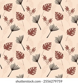 Funky Tropical Vector Seamless Pattern. Cool Summer Fashion. Monstera Dandelion Banana Leaves Feather Tropical Seamless Pattern. Beautiful Male Shirt Female Dress Texture. Painted Floral Background.