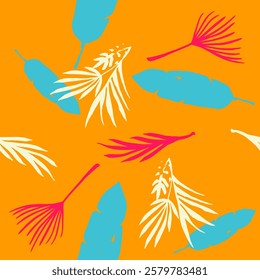 Funky Tropical Vector Seamless Pattern. Doodle Floral Background. Fine Summer Fashion. Monstera Banana Leaves Dandelion Feather Tropical Seamless Pattern. Elegant Male Shirt Female Dress Texture.
